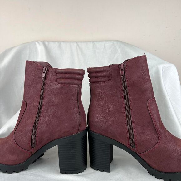 MIA Rider Lug Sole Ankle Boots Shoe Burgundy Wine Vegan Heel Zipper new size 10 - Picture 5 of 8